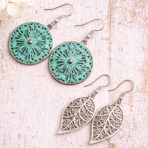 Elegant Silver and Green Earrings Set